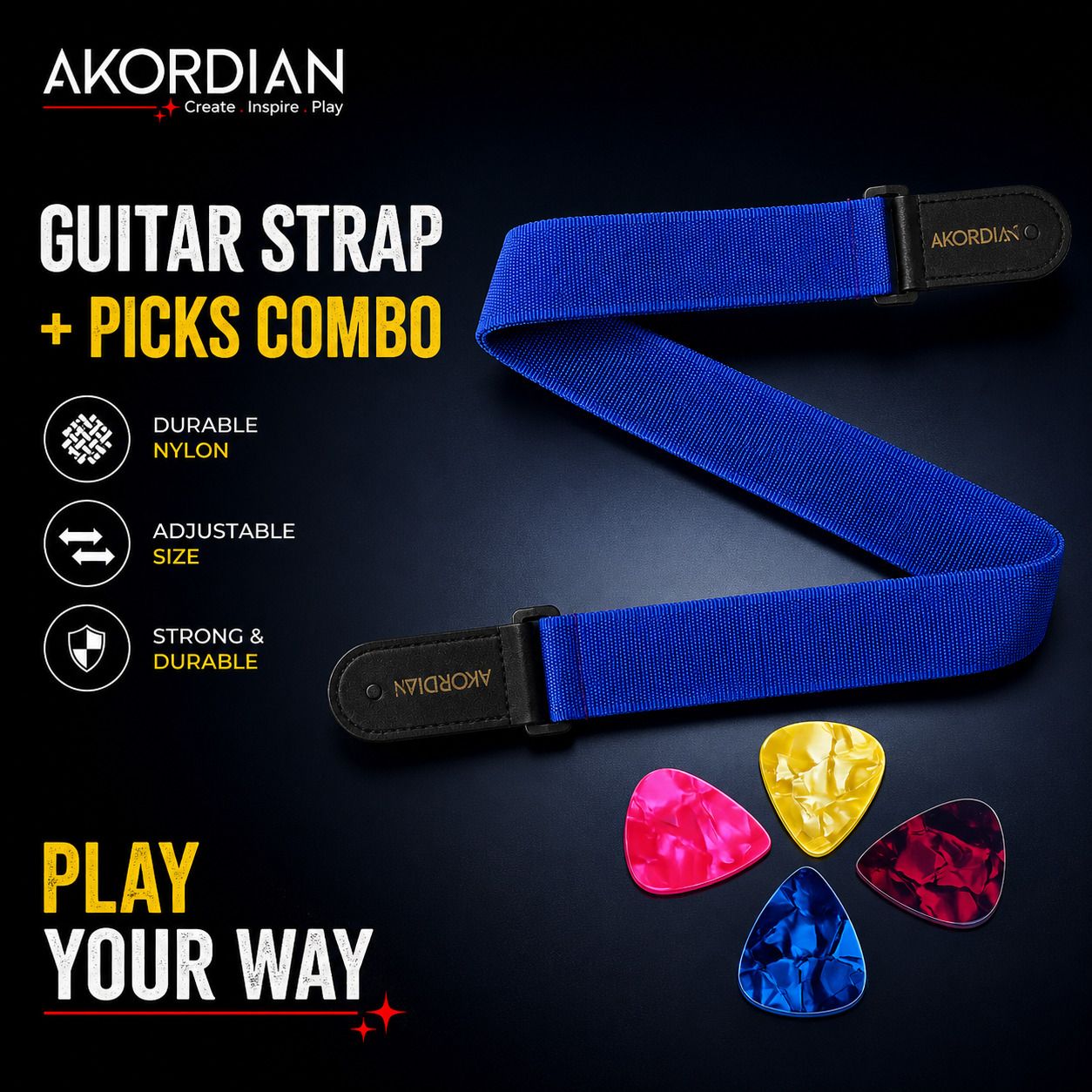 akordian AKO-STP-RBL-PK Adjustable Nylon Guitar Strap with 4 Premium Picks Combo Nylon Strap-picture-26