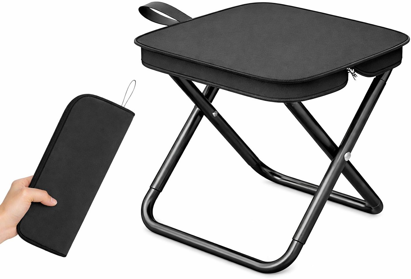 Premium Folding Stool with Zip Pocket Seat for Storage and Utility Foldable Carbon Steel Inversion Chair-image-15