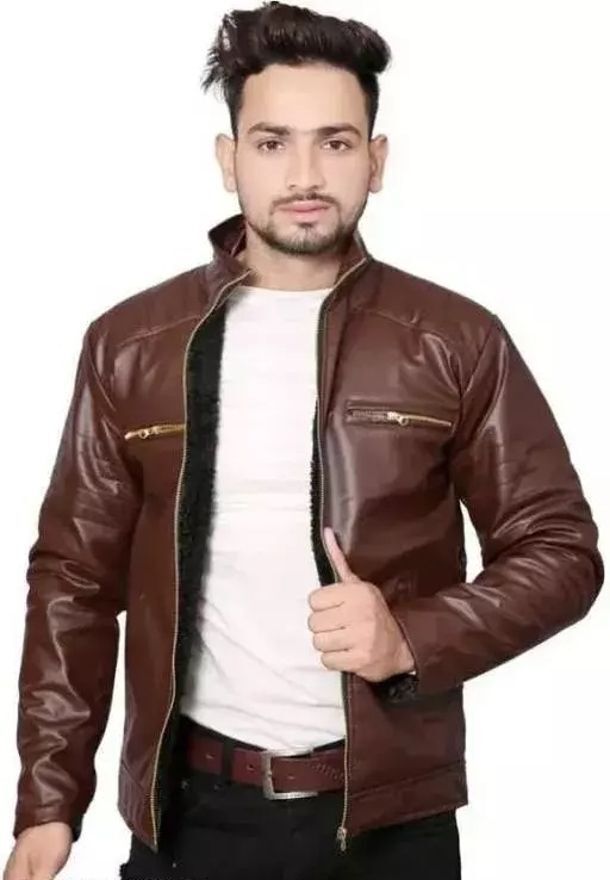 Men Solid Leather Jacket-image-28