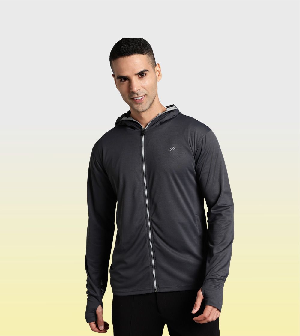 UPF 50+ UV Protection Hooded Sunscreen Jacket Solid Mens Zip Charcoal Adult Men Solid Hiking and Trekking Jacket-image-7