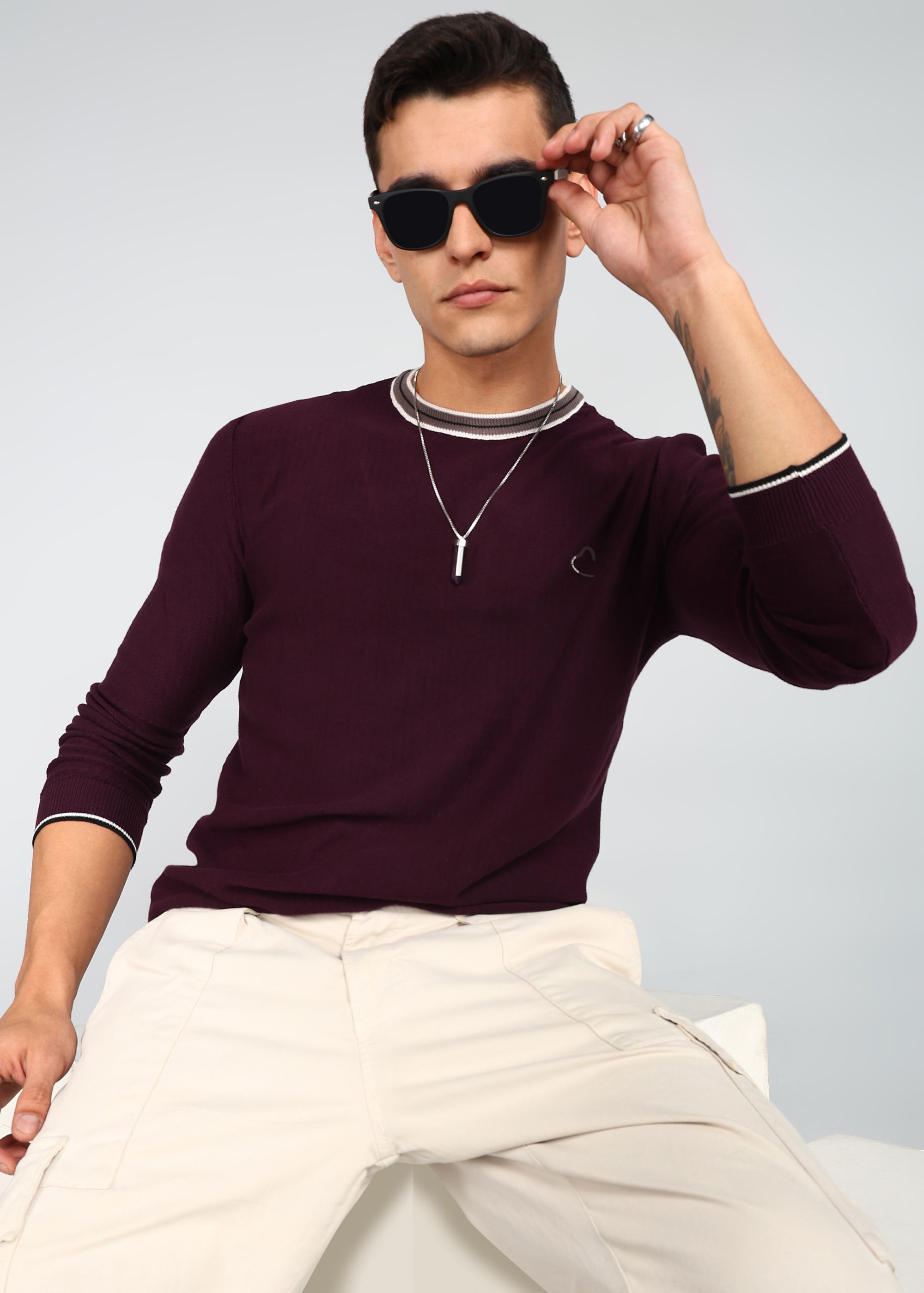 being human Men Solid Round Neck Red Sweater-picture-13