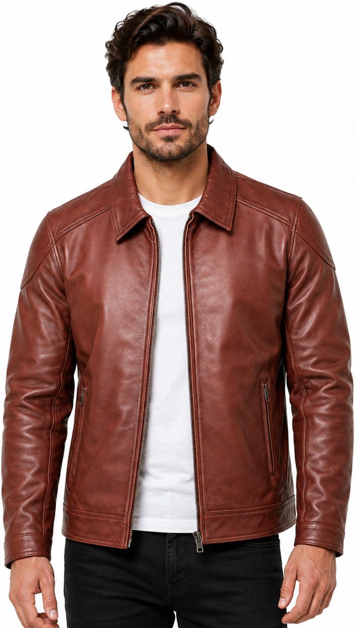 Men Solid Leather Jacket-image-7