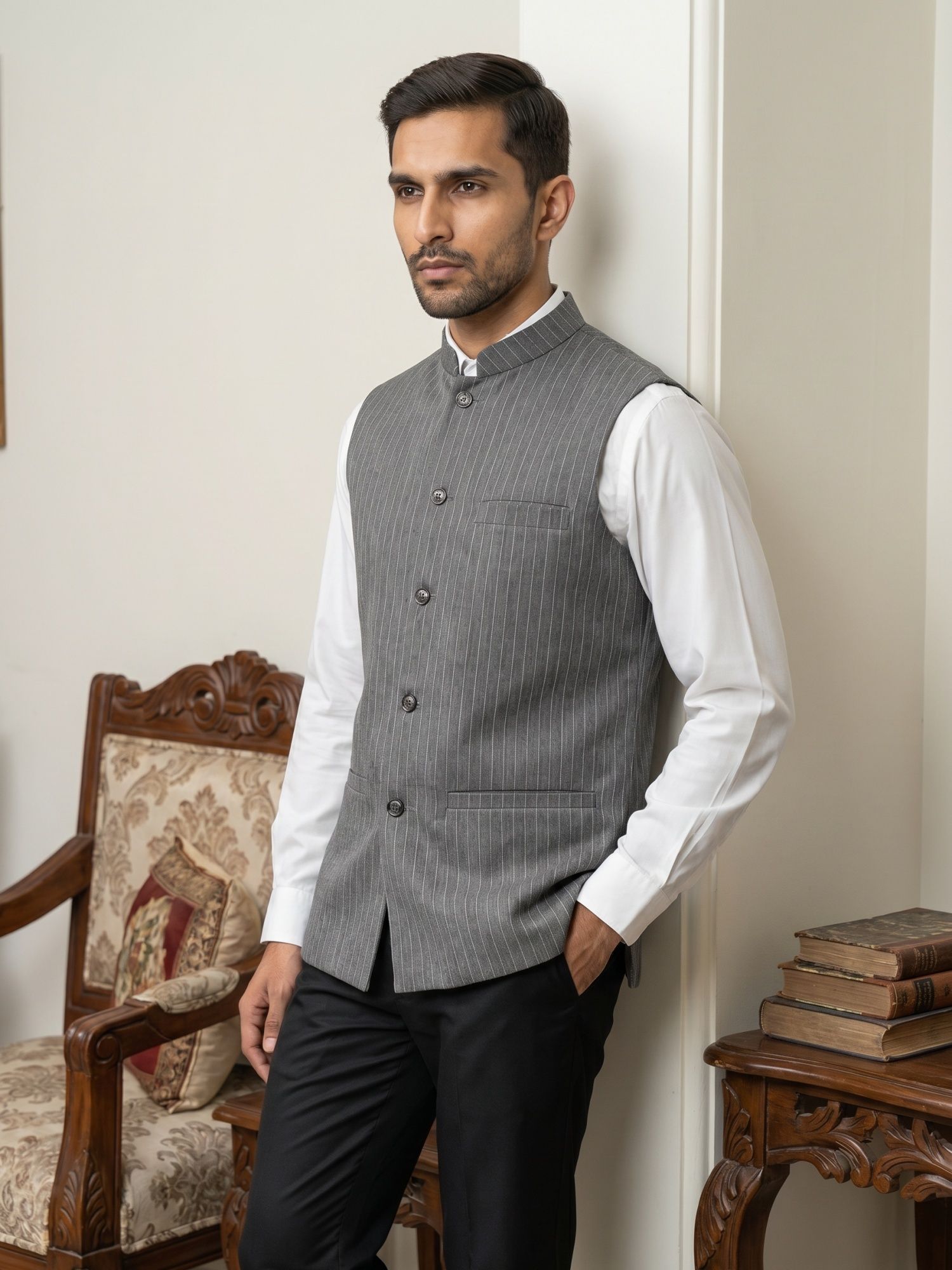 Men Striped Nehru Jacket-image-5