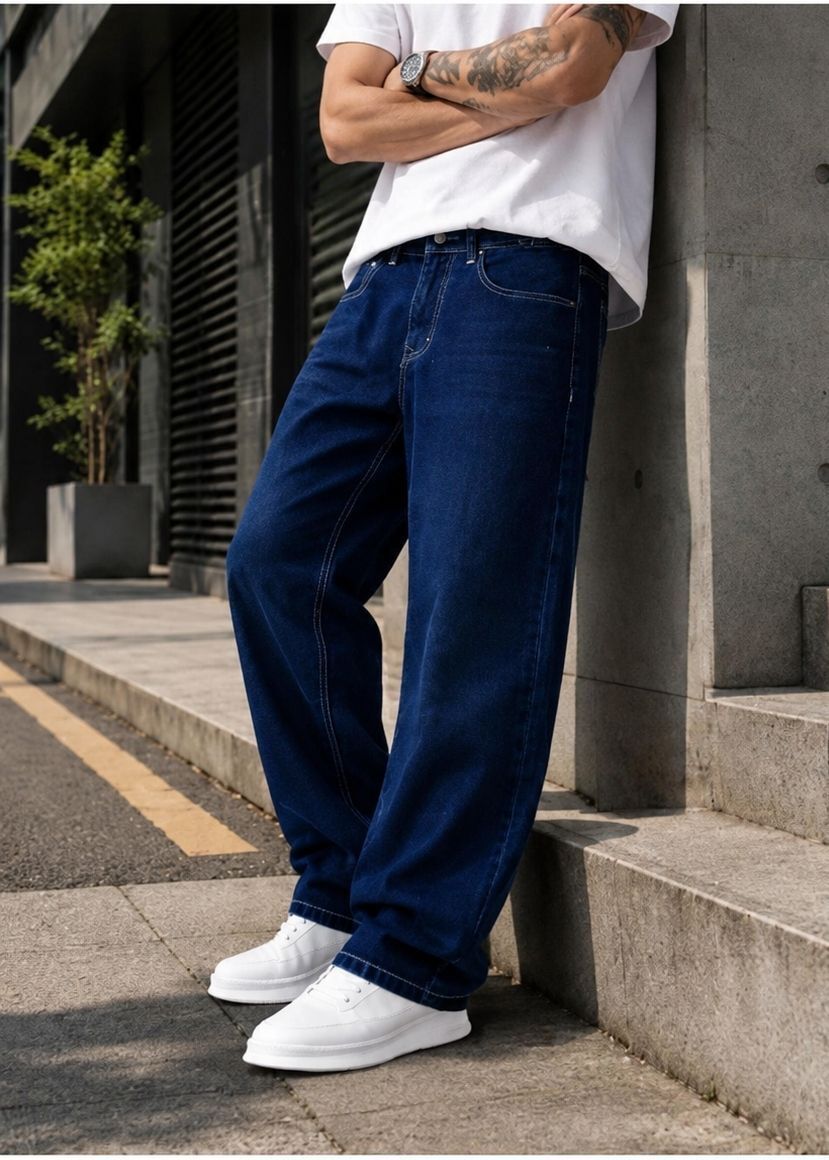 denim look Men Loose Fit Mid Rise Dark Blue Jeans-picture-32