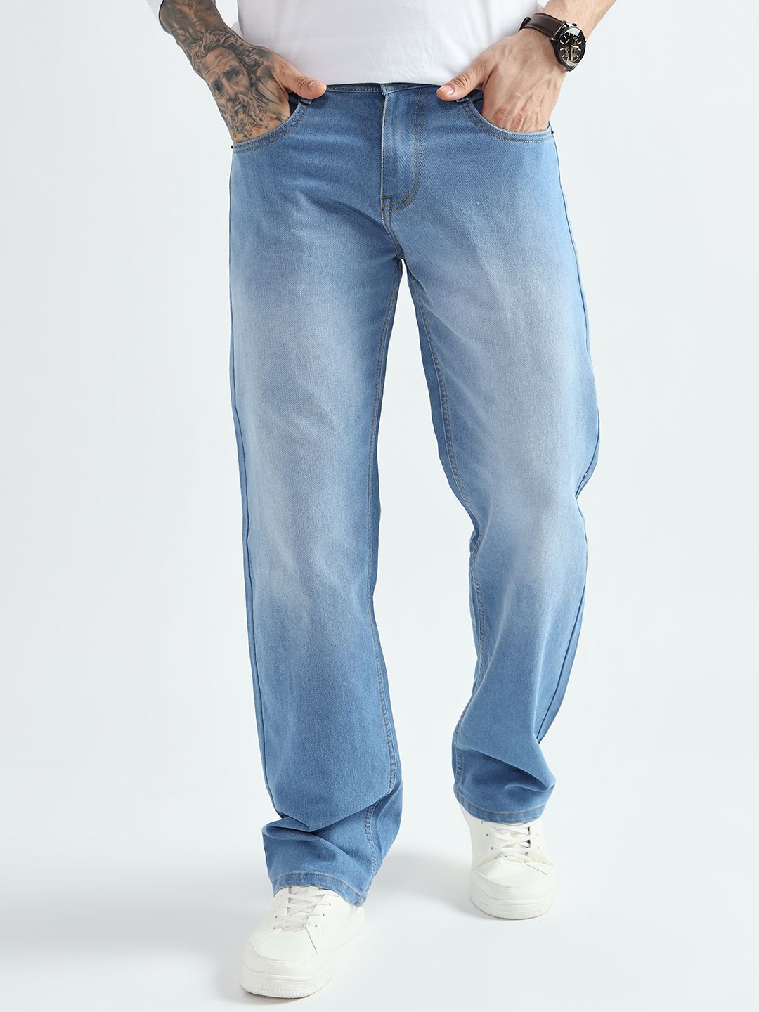denim look Men Loose Fit Mid Rise Blue Jeans-picture-26
