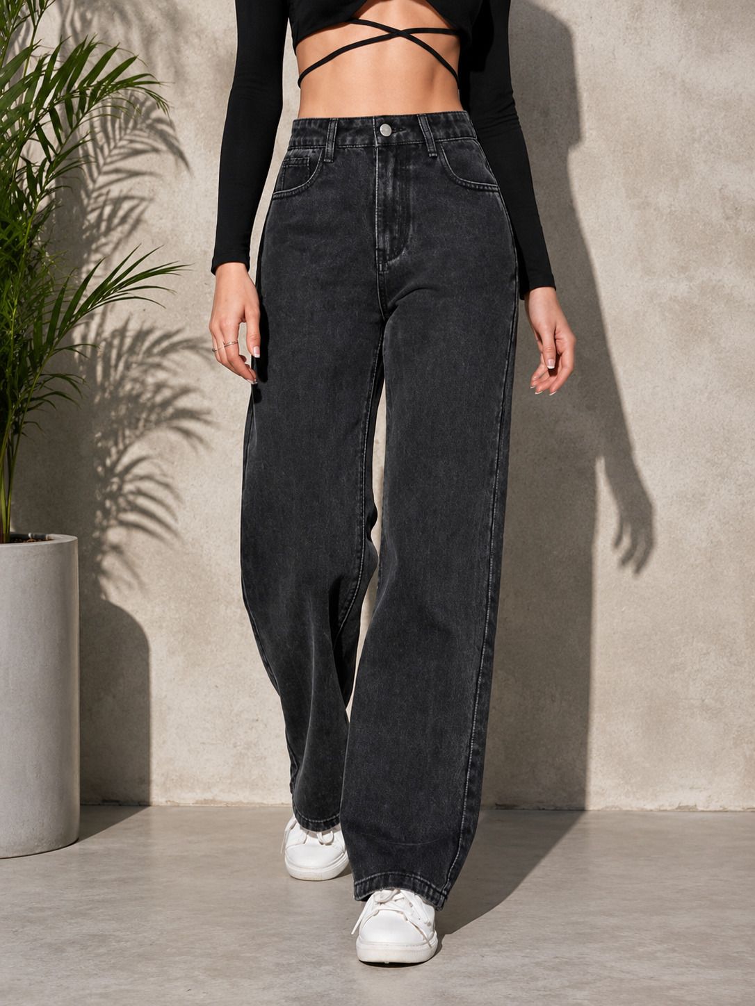 denim look Women Flared High Rise Dark Grey Jeans-picture-19