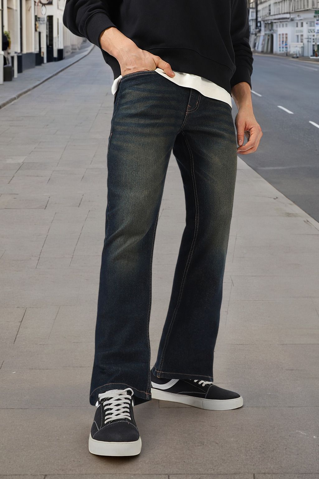 Men Boot-Leg Mid Rise Dark Blue Jeans-image-23