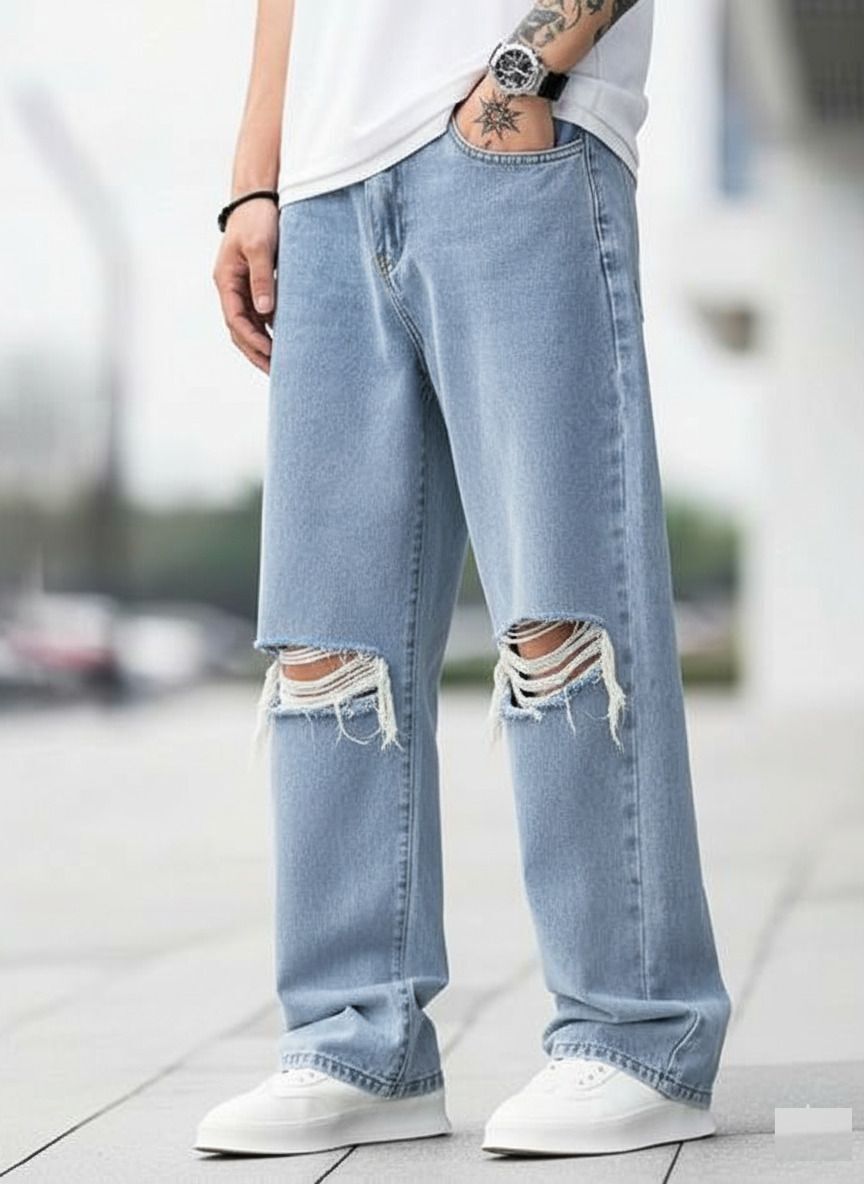 Men Loose Fit Mid Rise Light Blue Jeans