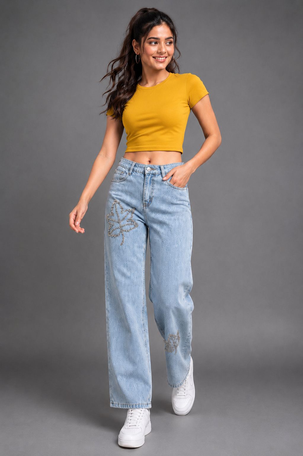Women Wide Leg Mid Rise Light Blue Jeans-image-13
