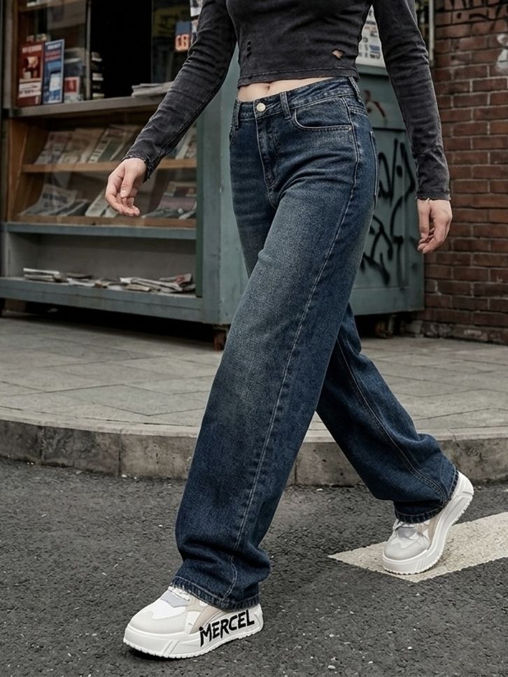 Women Wide Leg High Rise Blue Jeans-image-30