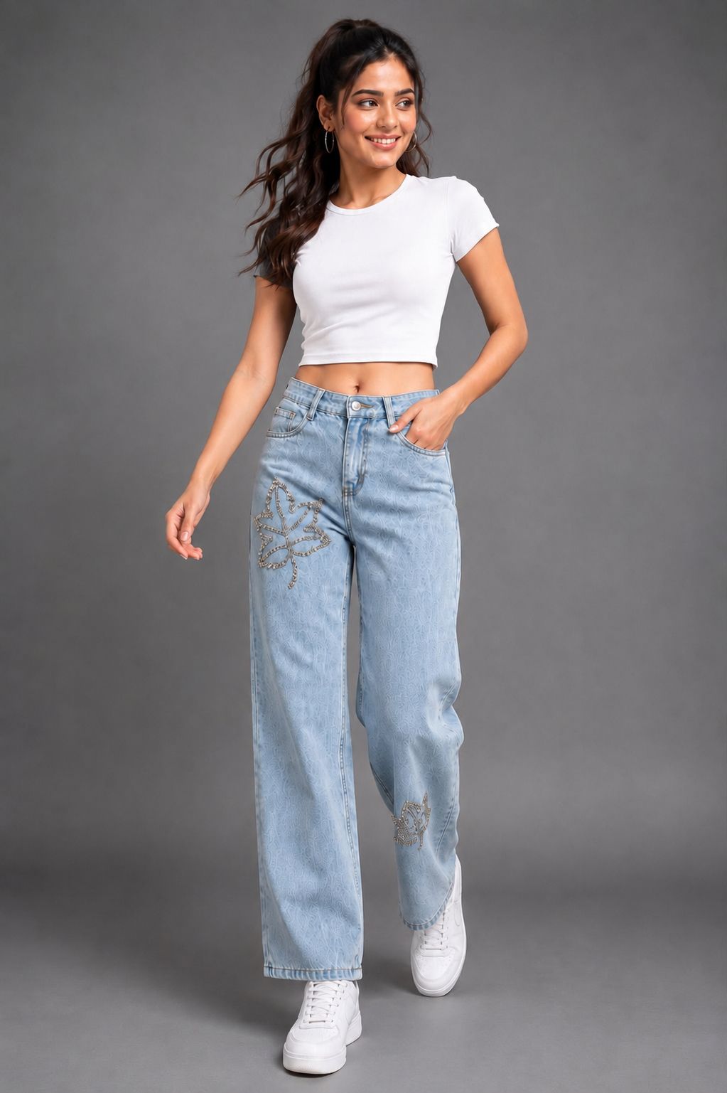 ds creative Women Wide Leg Mid Rise Light Blue Jeans-picture-8