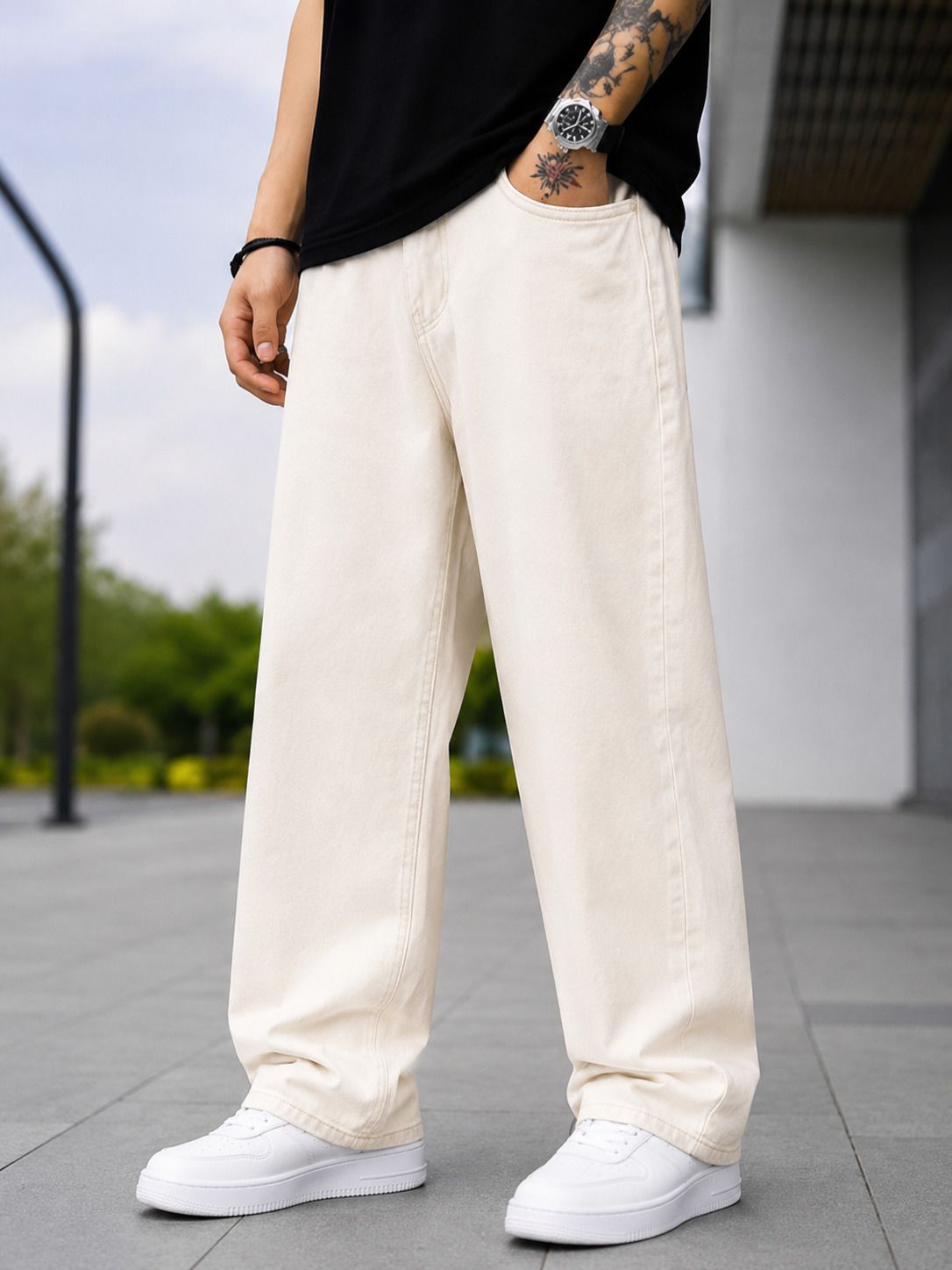 denim life Men Loose Fit Mid Rise Beige Jeans-picture-11