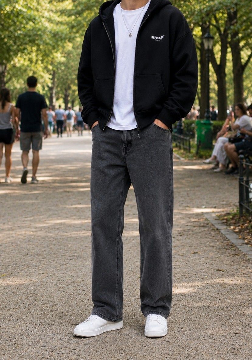 denim look Men Loose Fit Mid Rise Grey Jeans-picture-3