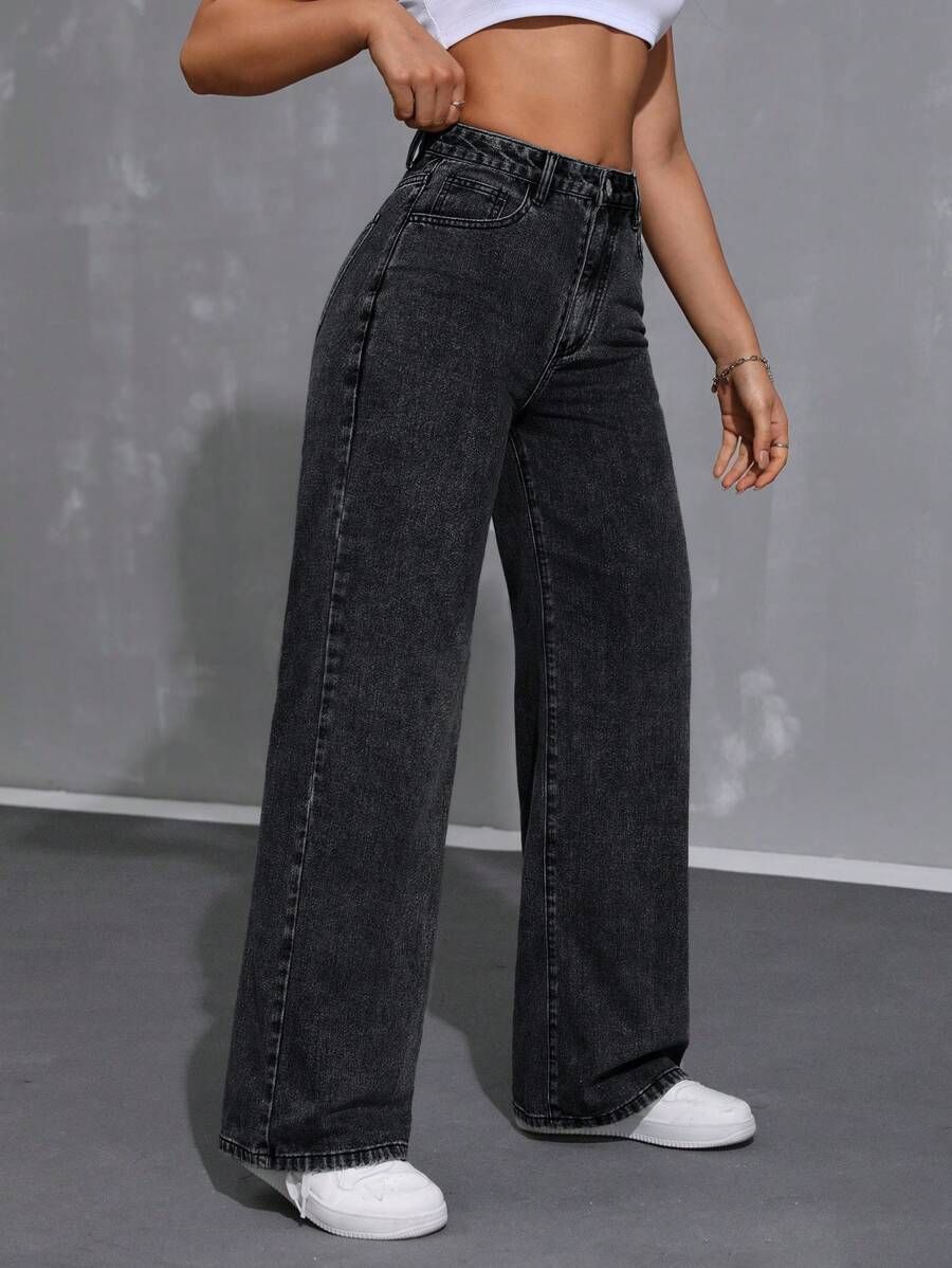 denim look Women Flared High Rise Dark Grey Jeans-picture-21