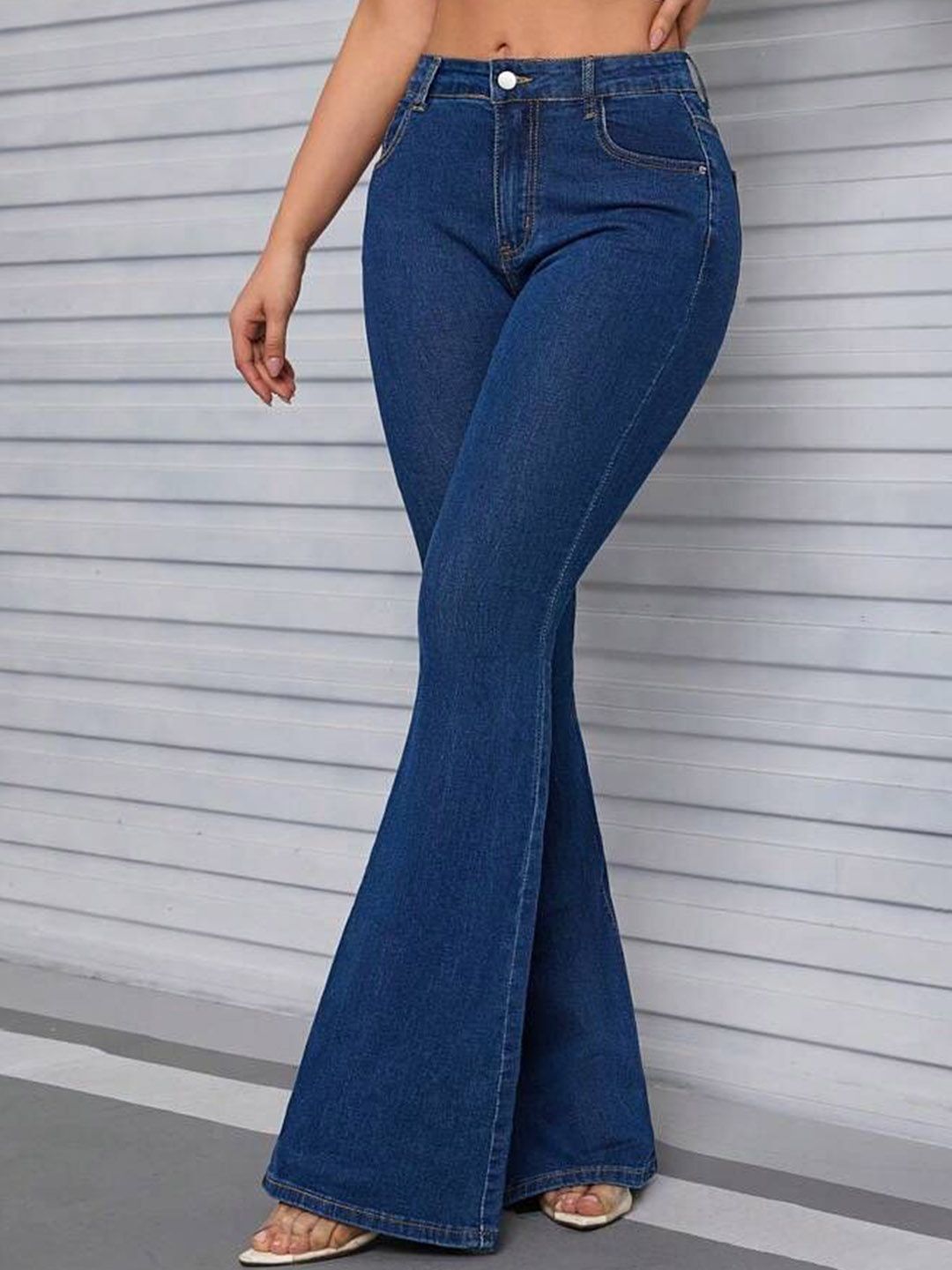 Women Flared High Rise Dark Blue Jeans