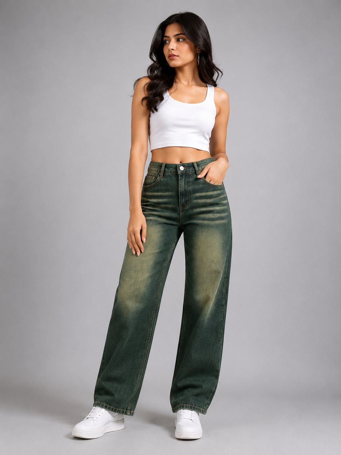 Women Baggy Fit High Rise Dark Green Jeans-image-22