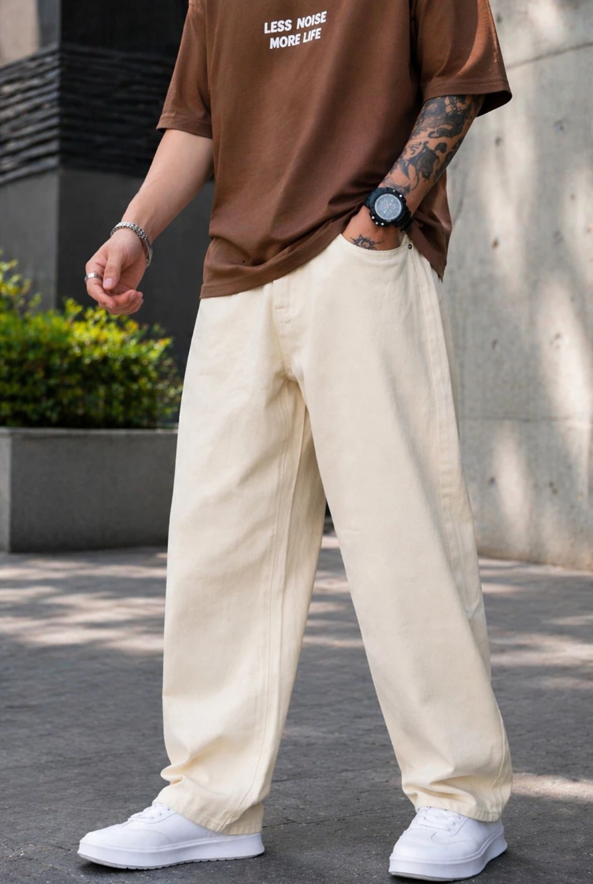wayking Men Loose Fit Mid Rise Beige Jeans-picture-0