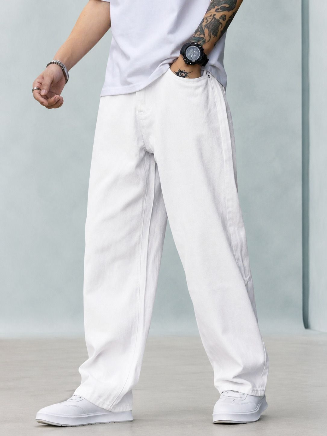 starvielle Men Relaxed Fit Mid Rise White Jeans-picture-33