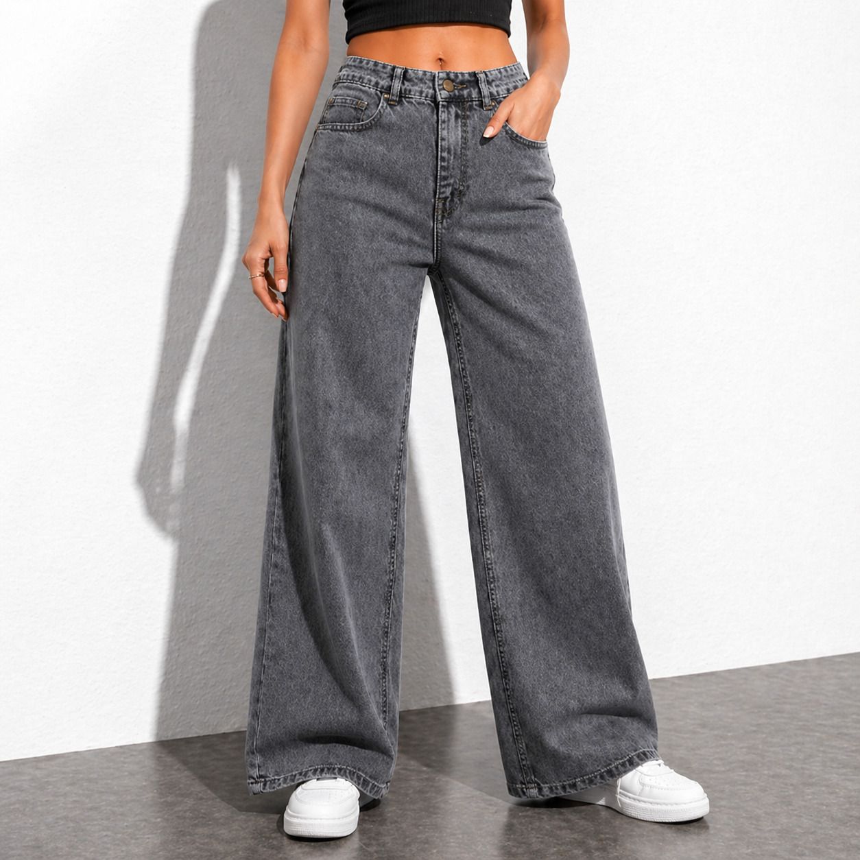Women Wide Leg High Rise Grey Jeans-image-25