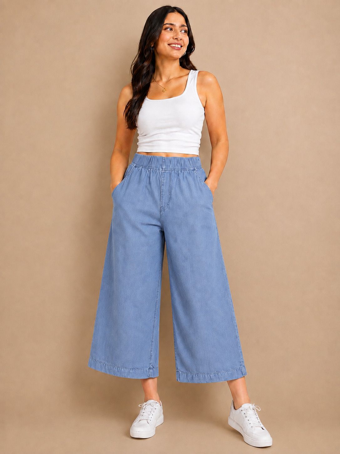 Women Wide Leg Mid Rise Light Blue Jeans-image-34