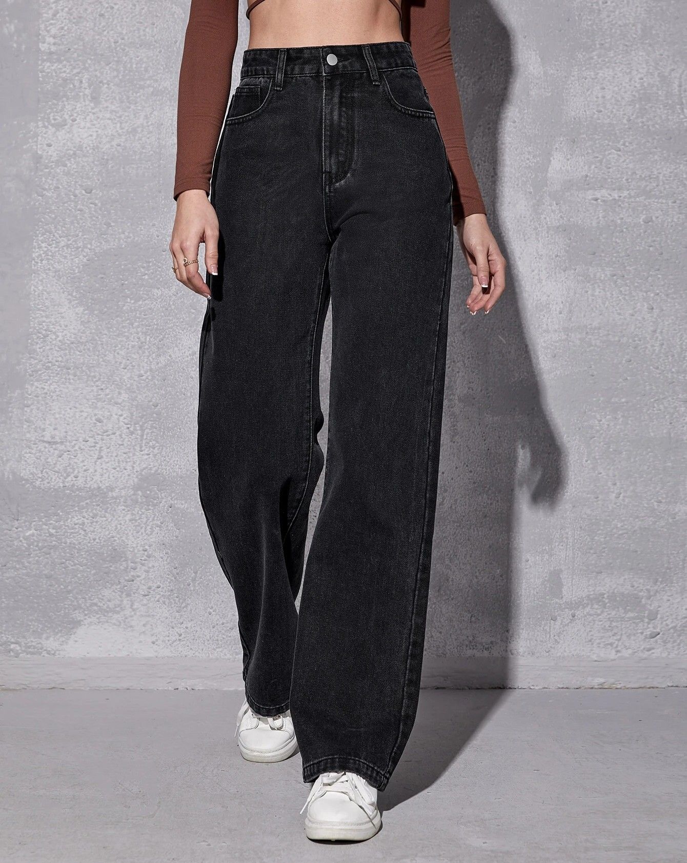 denim look Women Flared High Rise Dark Grey Jeans-picture-18