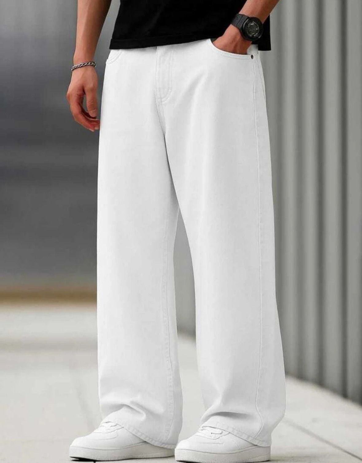 Men Loose Fit Mid Rise White Jeans-image-17