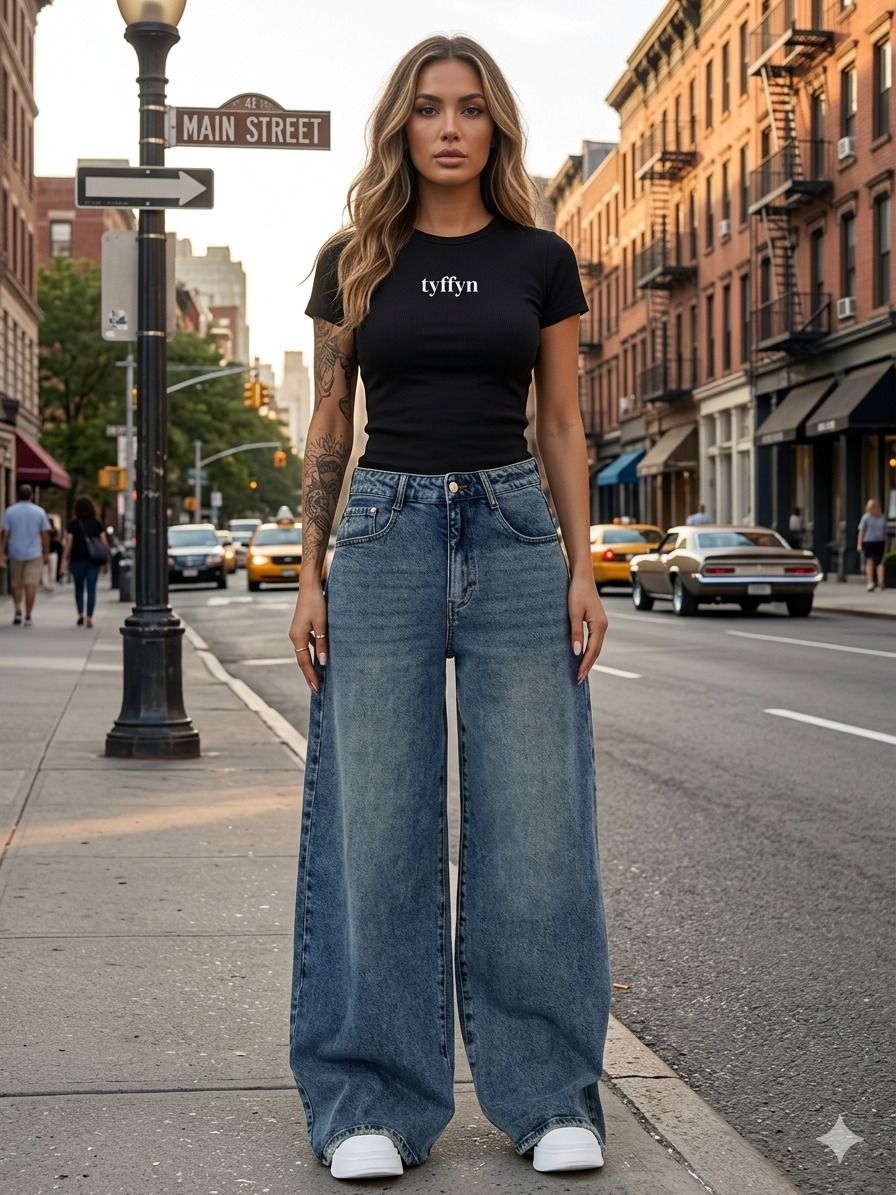 Women Wide Leg High Rise Blue Jeans-image-31