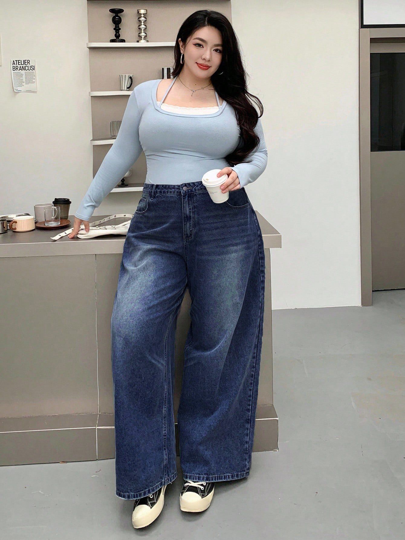 curvy closet Women Wide Leg High Rise Blue Jeans-picture-19