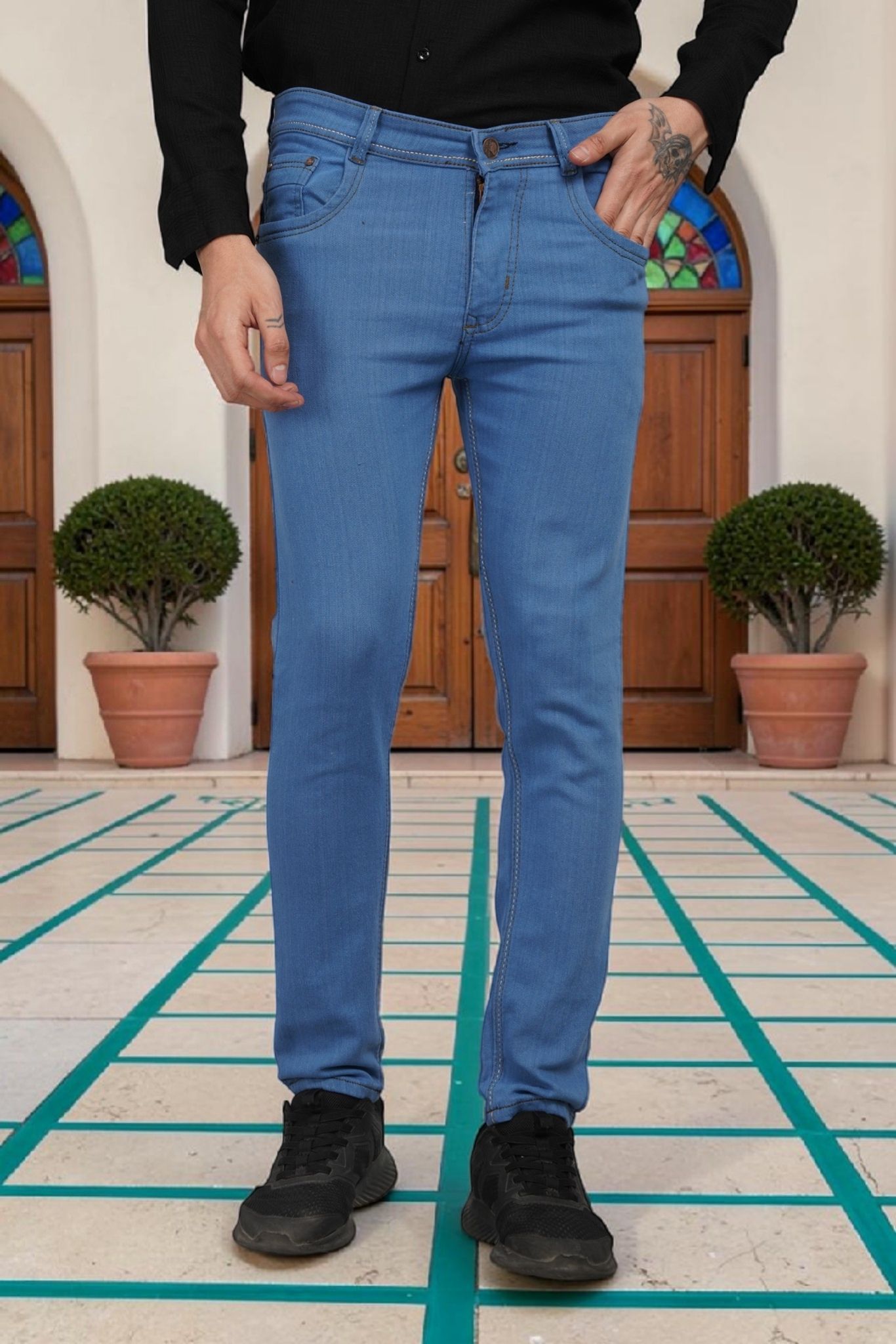 Men Slim Mid Rise Light Blue Jeans-image-24