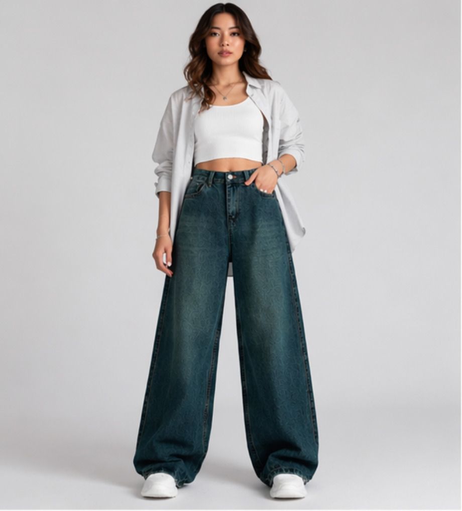 Women Wide Leg High Rise Blue Jeans-image-29