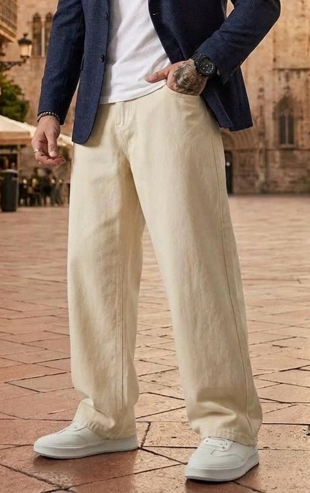 Men Loose Fit Mid Rise Beige Jeans-image-8