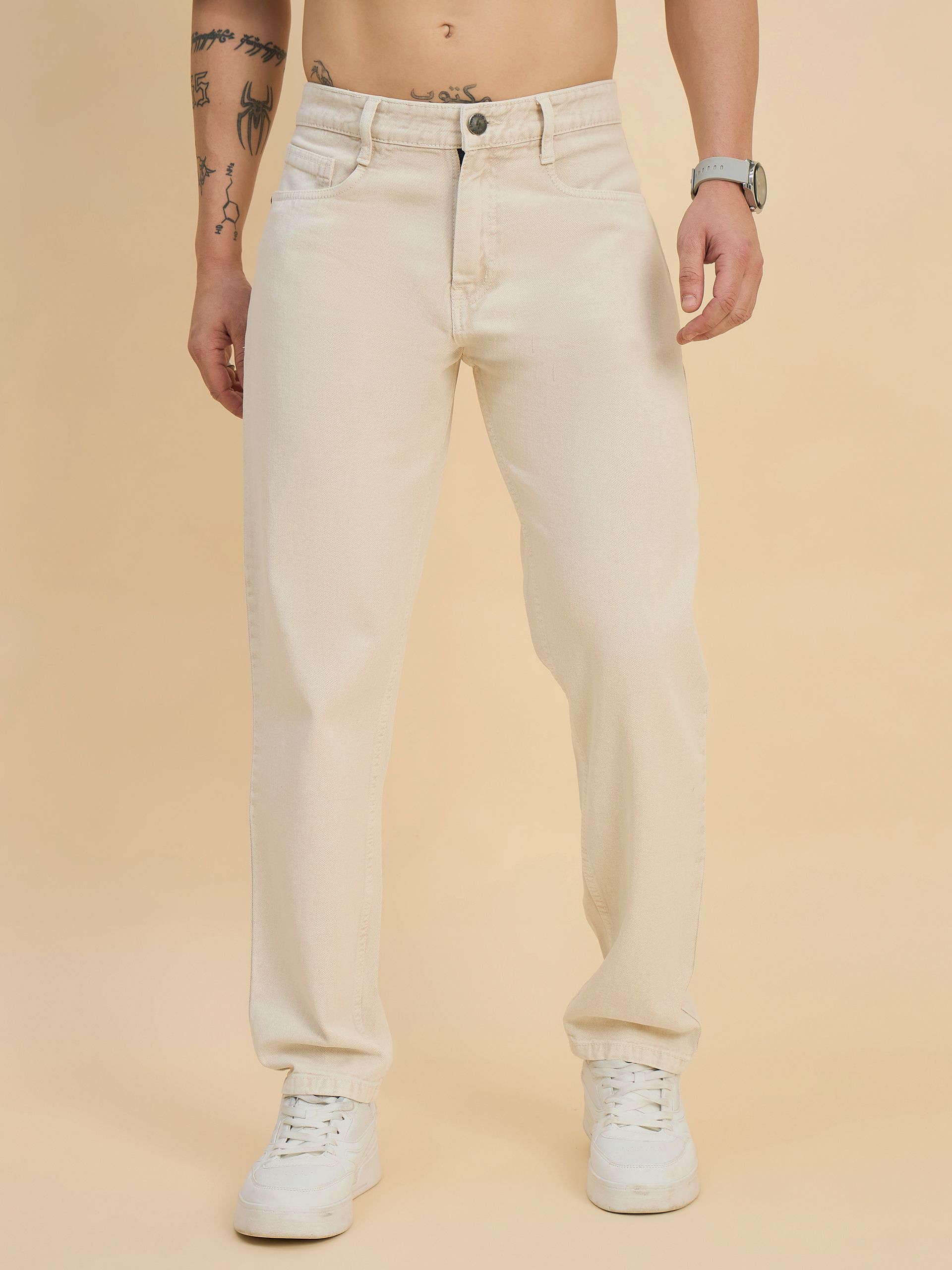 studio nexx Men Loose Fit Mid Rise Beige Jeans-picture-11