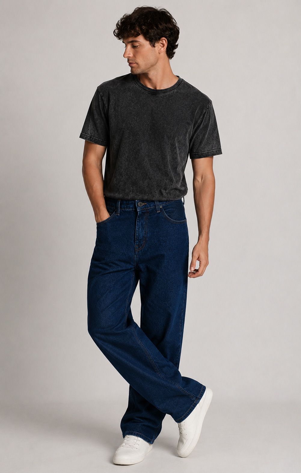 Men Loose Fit Mid Rise Dark Blue Jeans-image-3