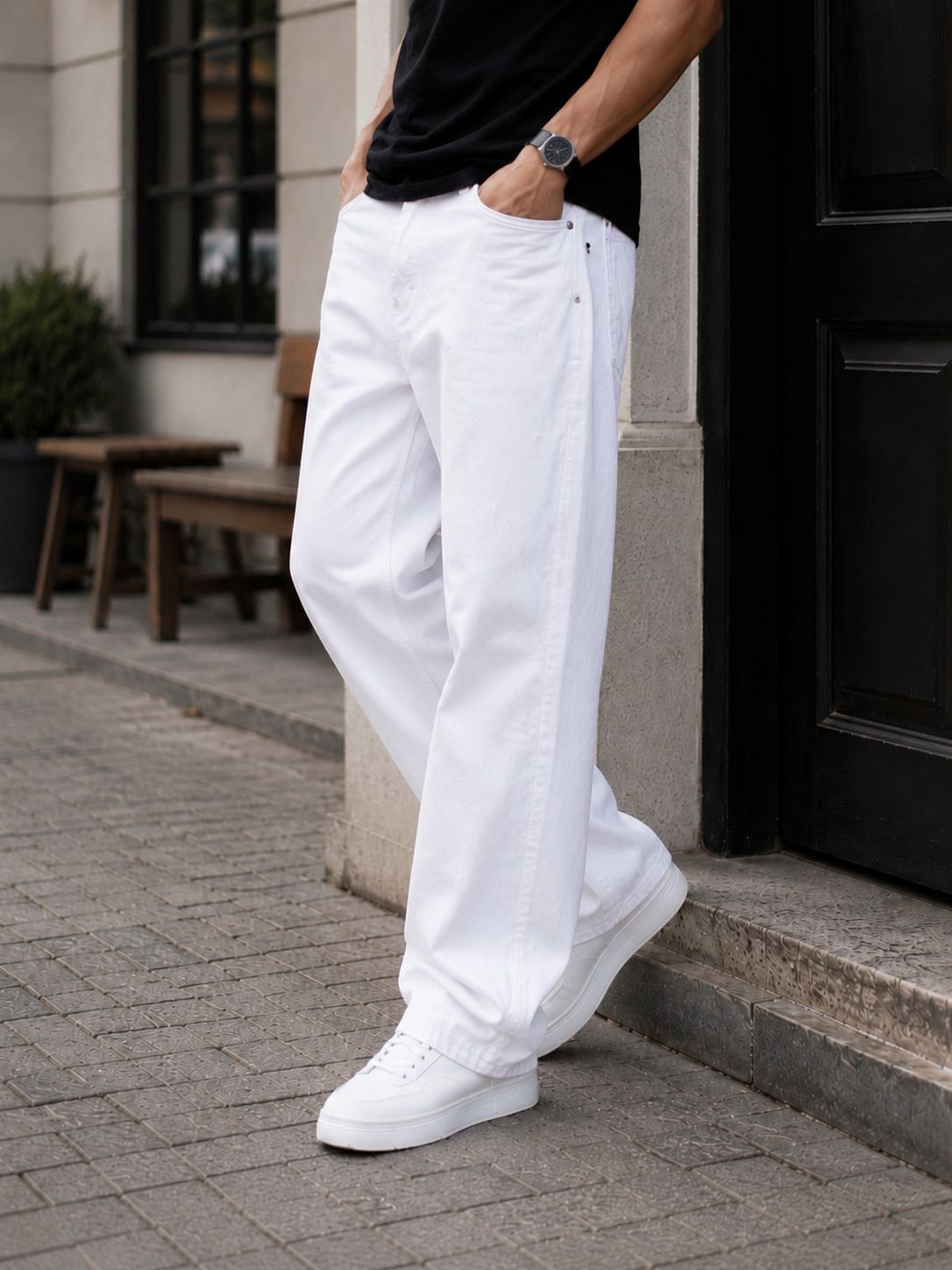 Men Loose Fit Mid Rise White Jeans-image-11