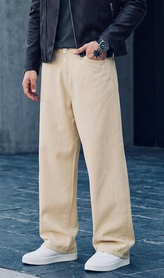 flaying Men Loose Fit Mid Rise Beige Jeans-picture-15