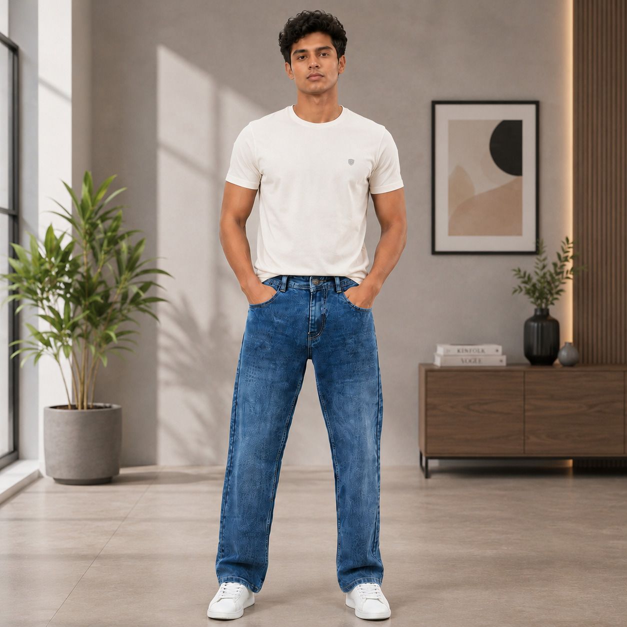 Men Straight Fit Mid Rise Blue Jeans-image-5