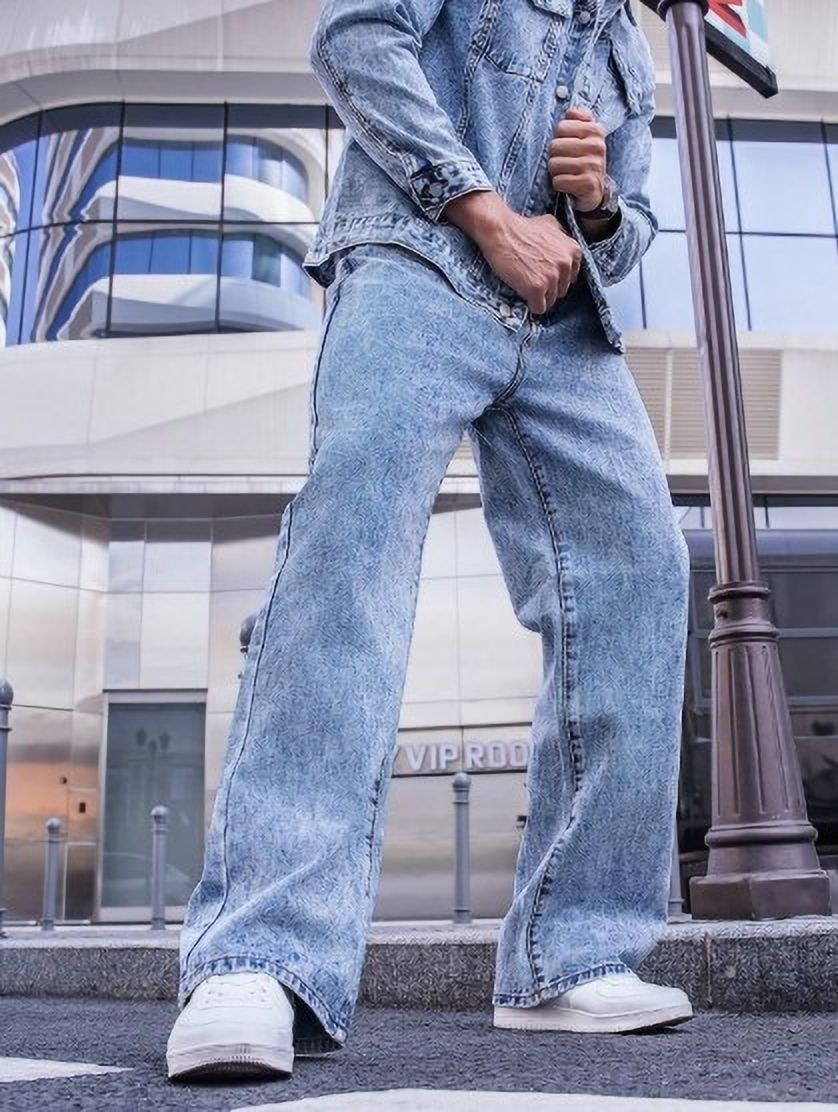 denim look Men Loose Fit Mid Rise Light Blue Jeans-picture-34