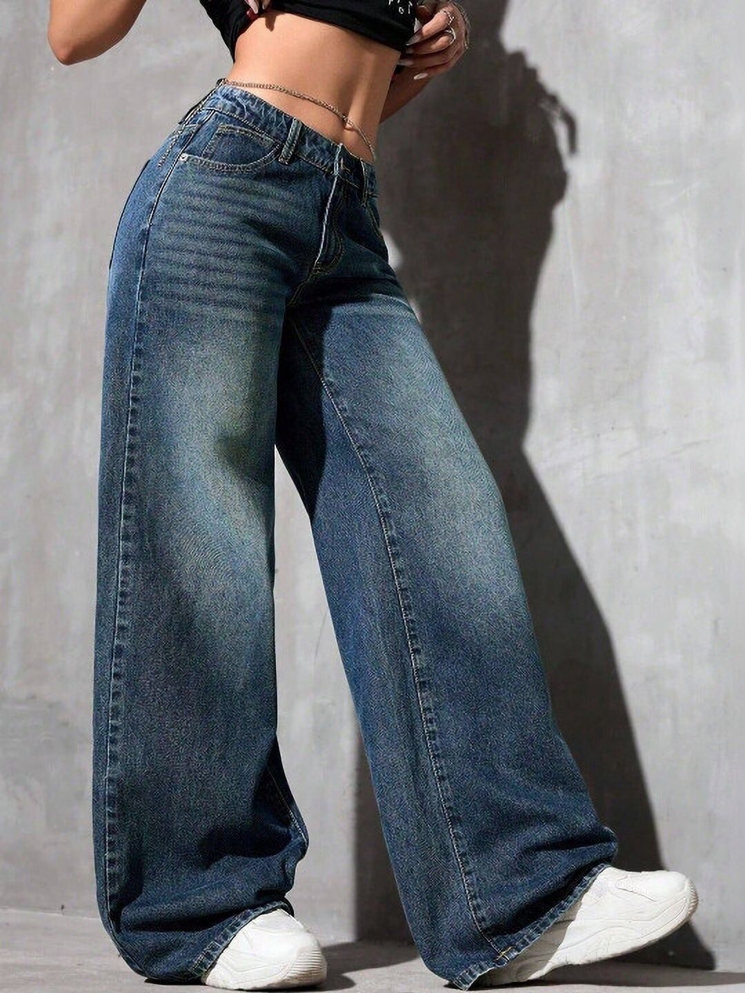Women Wide Leg High Rise Blue Jeans-image-30