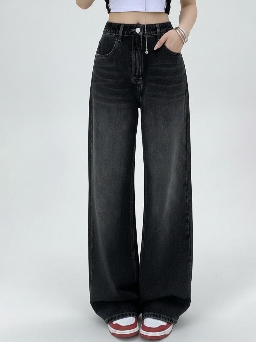 kashian Women Wide Leg High Rise Black Jeans-picture-8