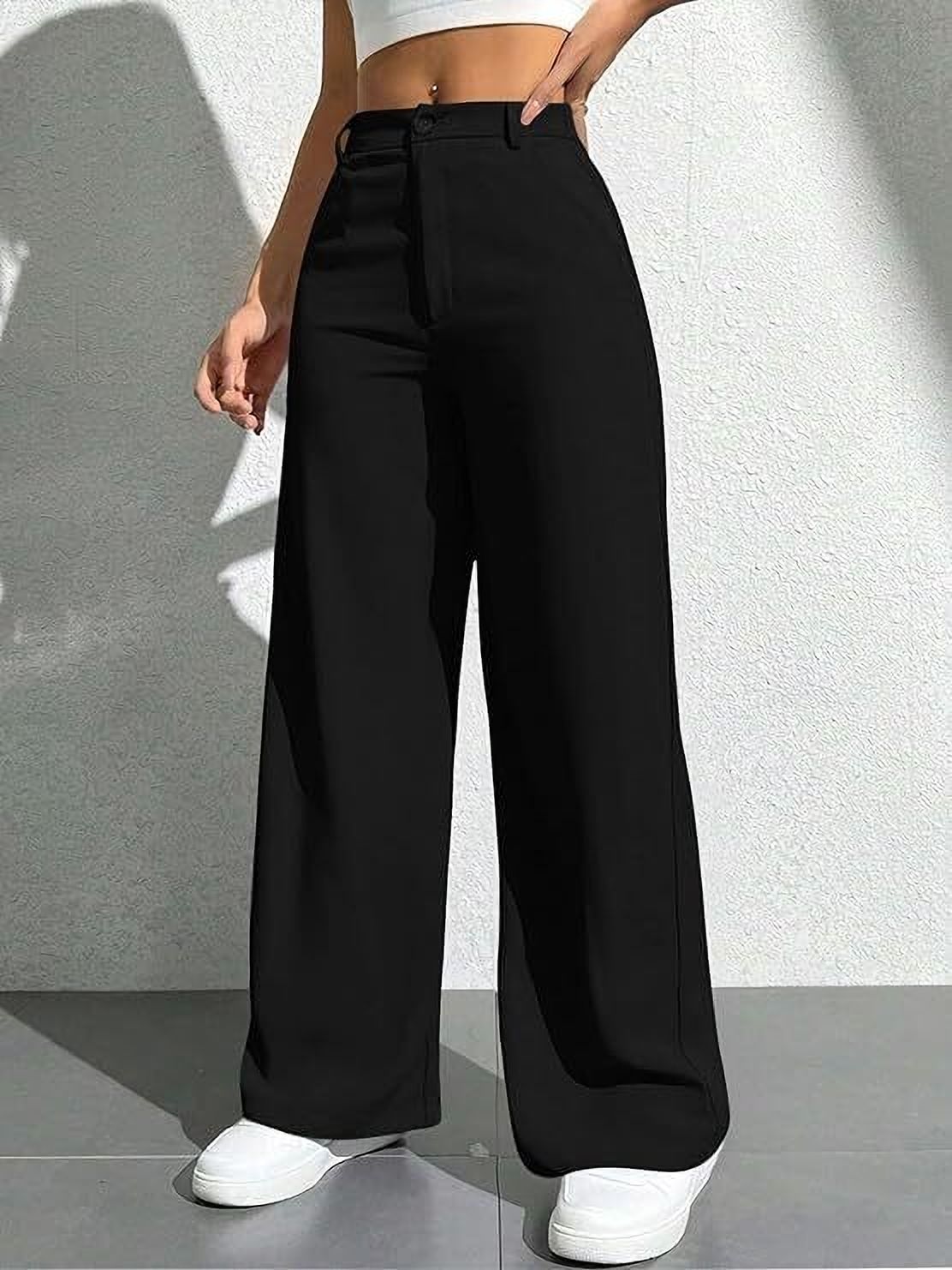 Women Wide Leg Mid Rise Black Jeans-image-44