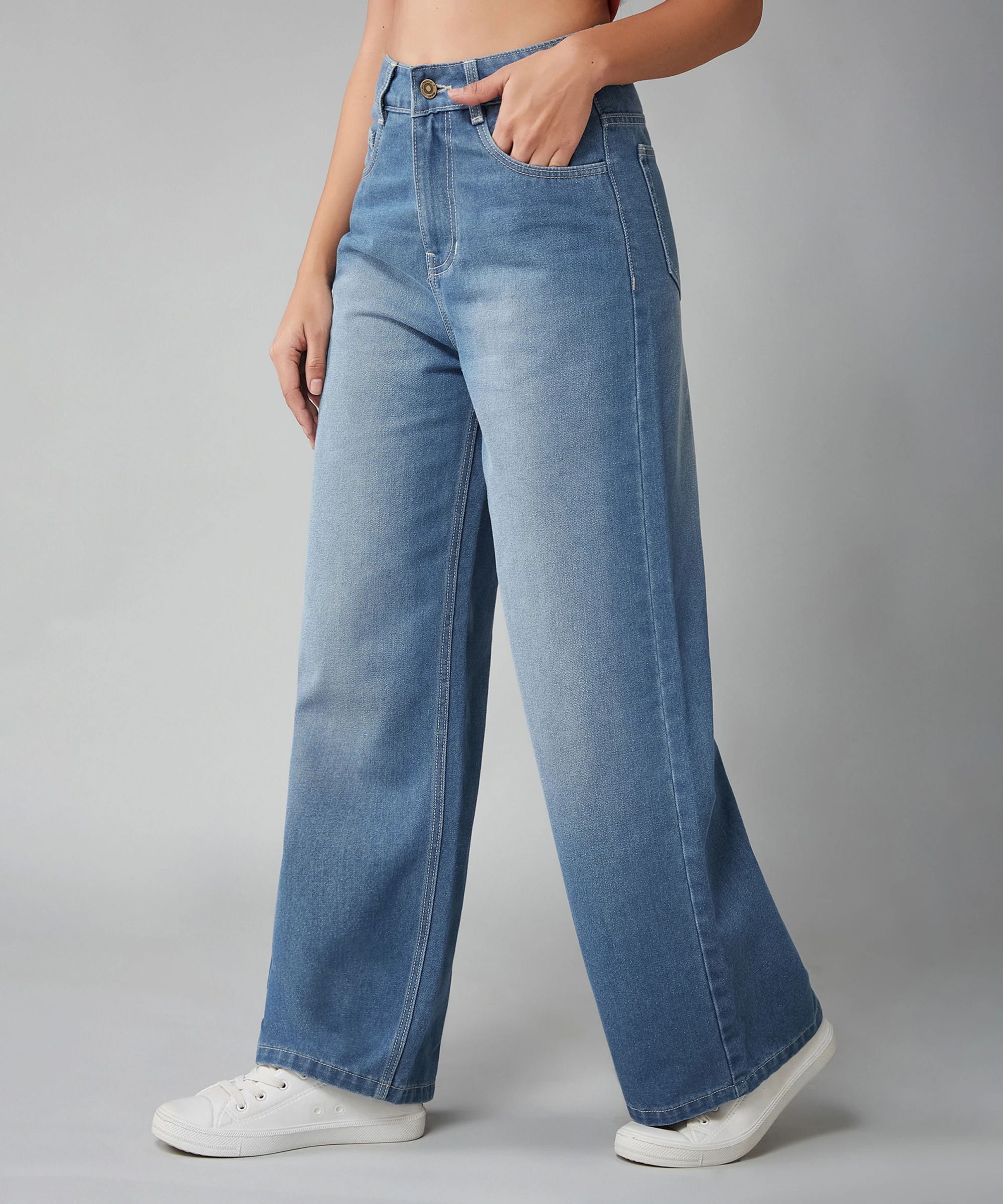 Women Flared High Rise Blue Jeans-image-3