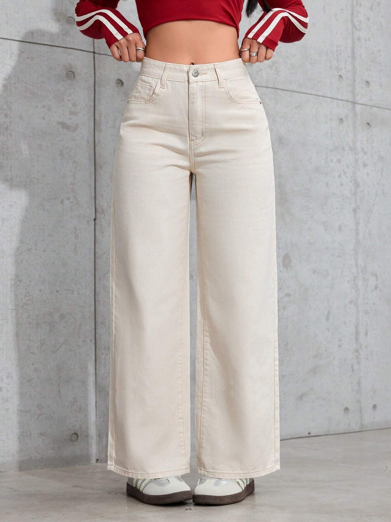 Women Relaxed Fit High Rise Beige Jeans-image-5