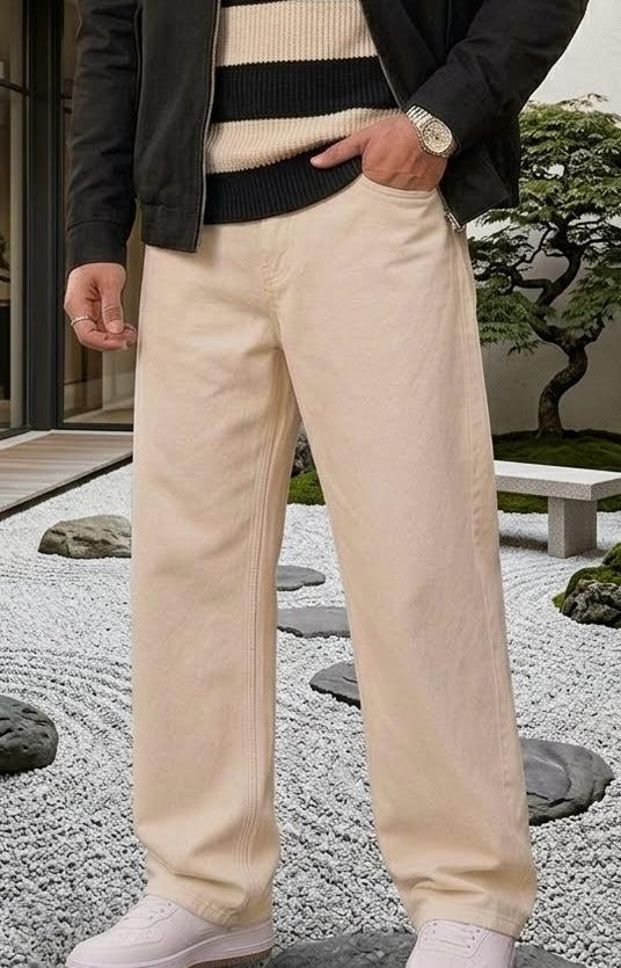 flaying Men Loose Fit Mid Rise Beige Jeans-picture-19
