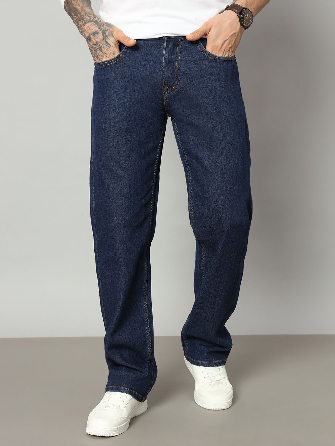 denim look Men Loose Fit Mid Rise Dark Blue Jeans-picture-15