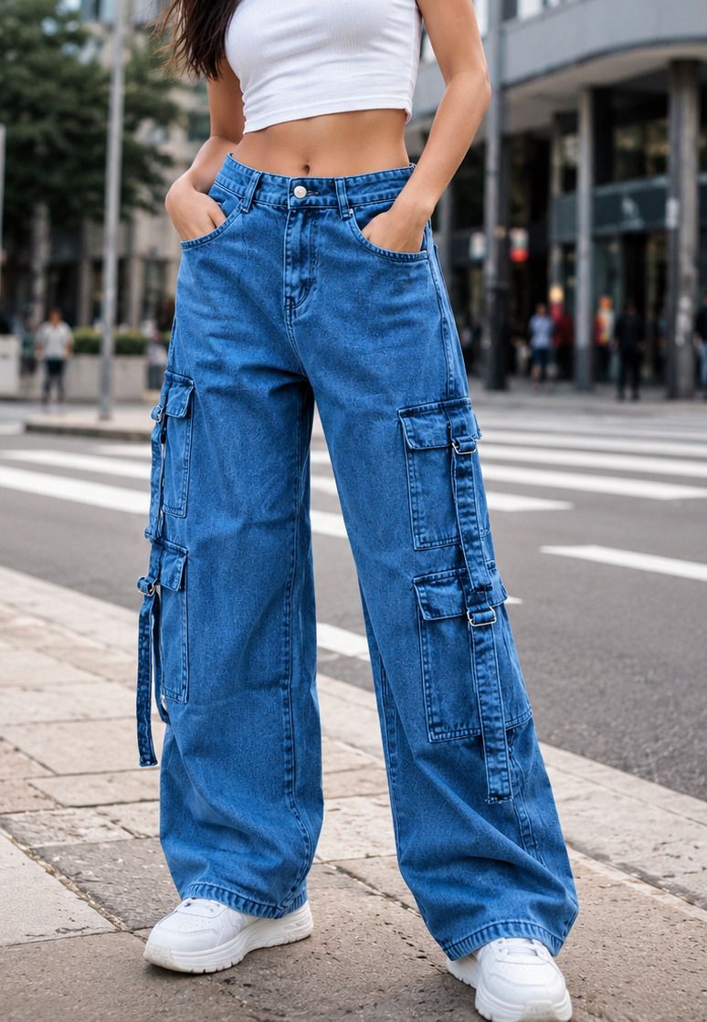 saisantoshtrend Women Wide Leg Mid Rise Blue Jeans-picture-0