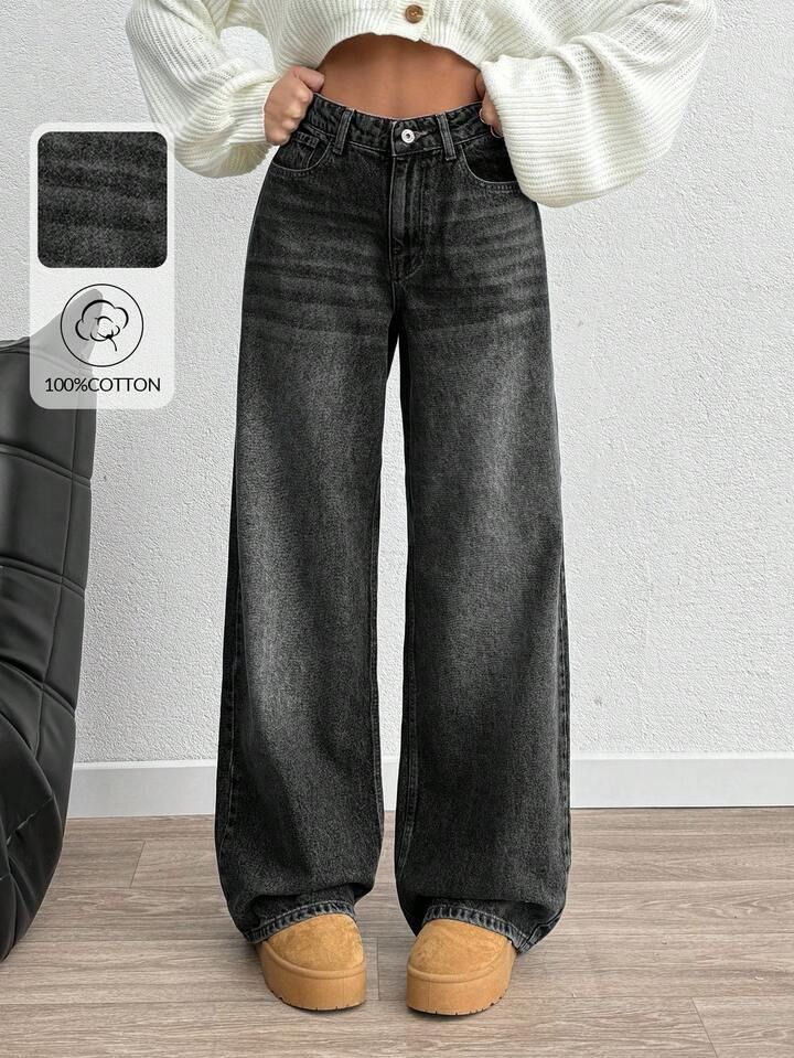 Women Wide Leg High Rise Grey Jeans-image-27