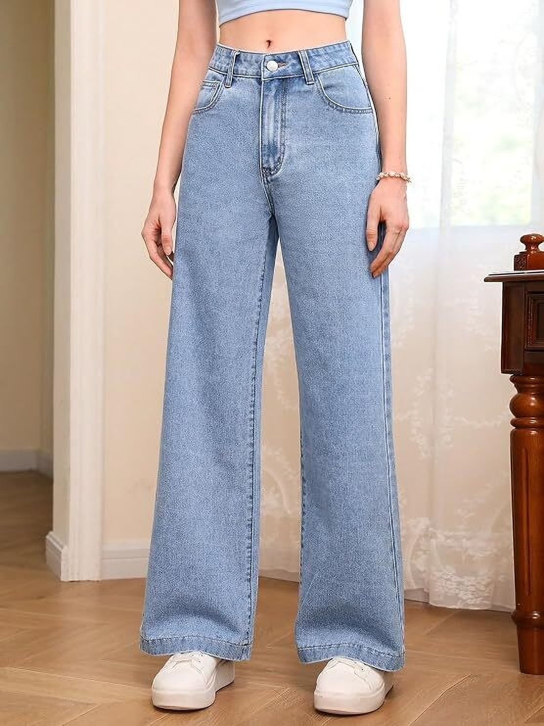 Women Wide Leg High Rise Light Blue Jeans-image-47