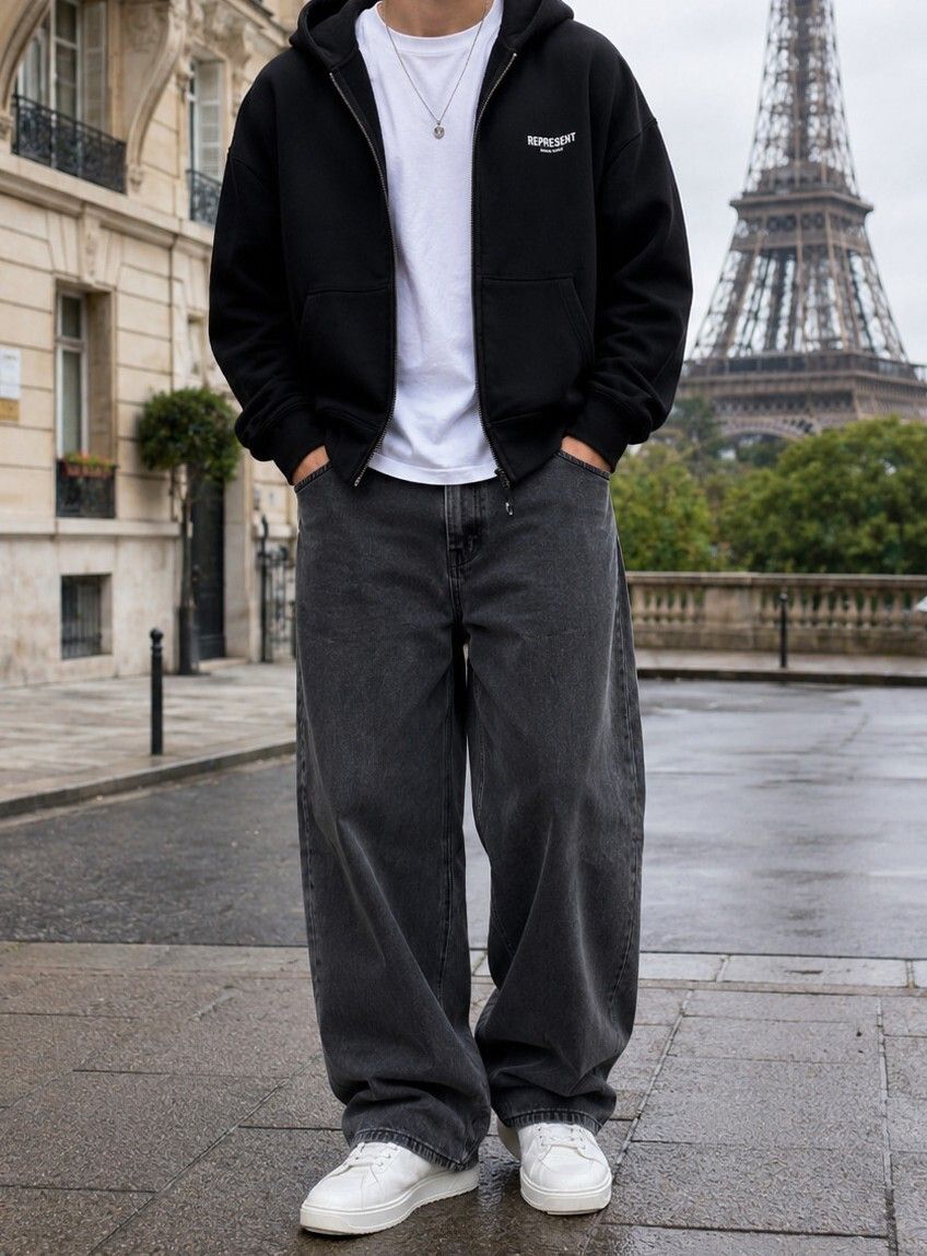 denim look Men Loose Fit Mid Rise Grey Jeans-picture-2