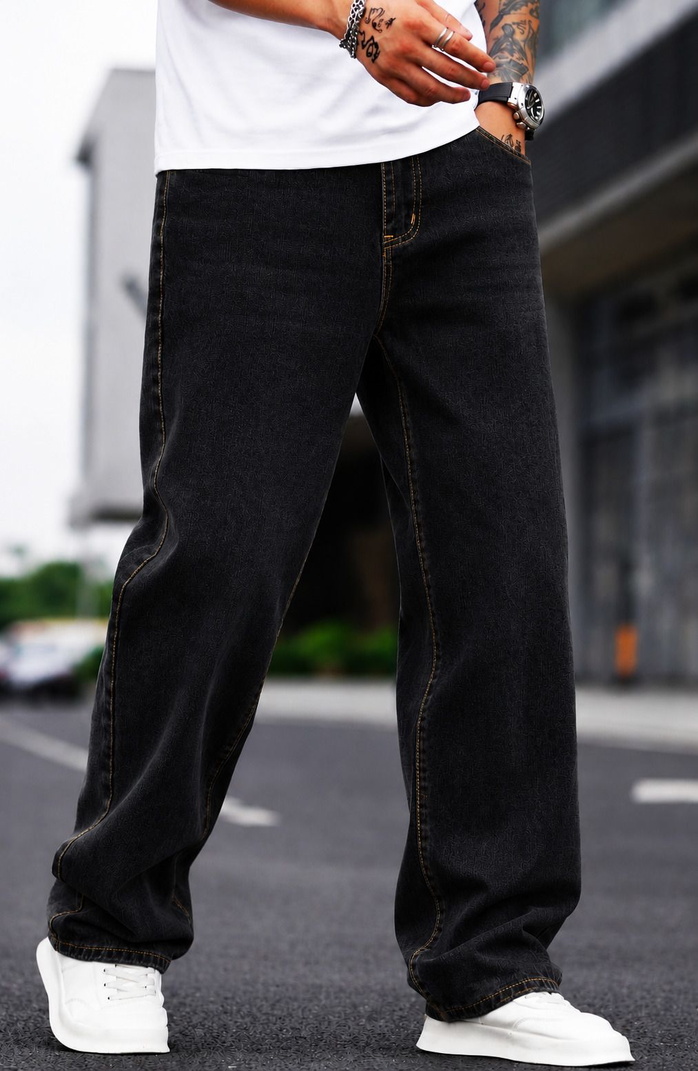 denim look Men Relaxed Fit Mid Rise Dark Grey Jeans-picture-5