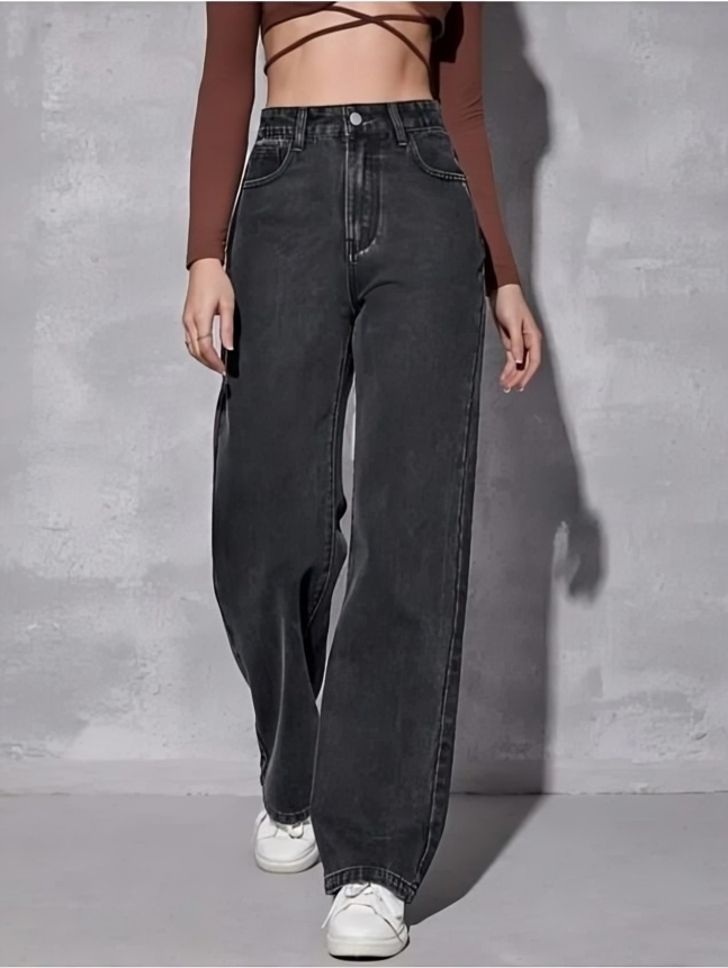 gruff Women Wide Leg Mid Rise Dark Grey Jeans-picture-0